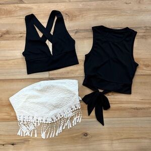 Small Set of 3 Black and White Crop Top New Coastal Cowgirl Tank Tops Fringe